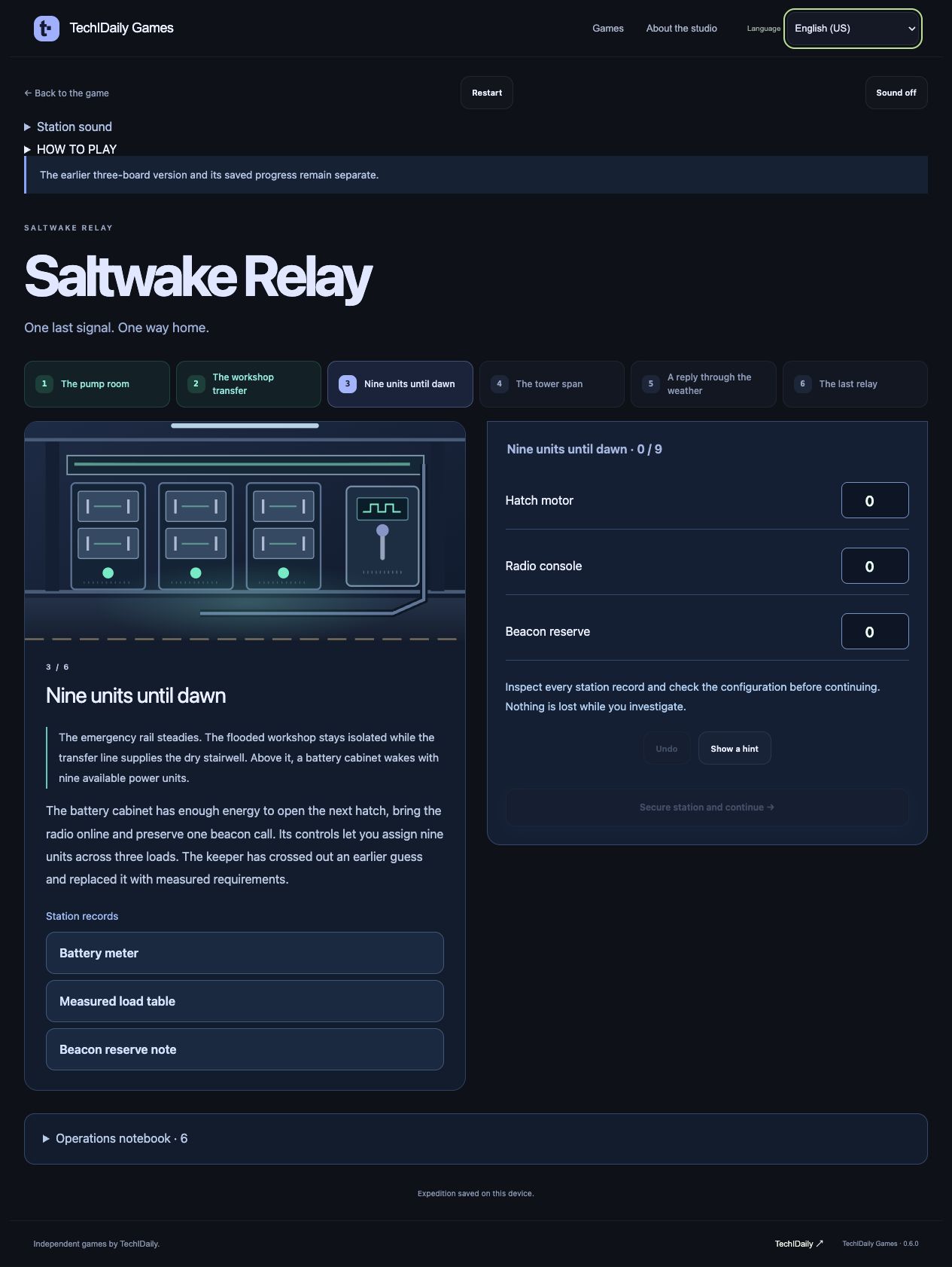 Saltwake Relay screen 3: Nine units until dawn