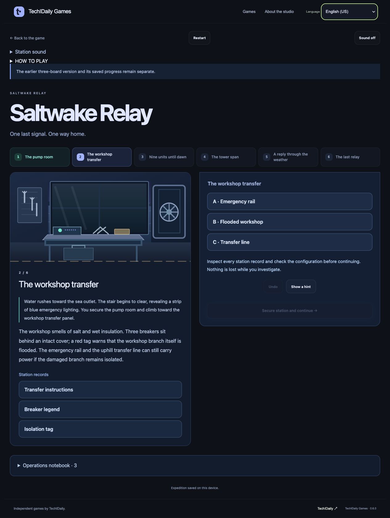 Saltwake Relay screen 2: The workshop transfer
