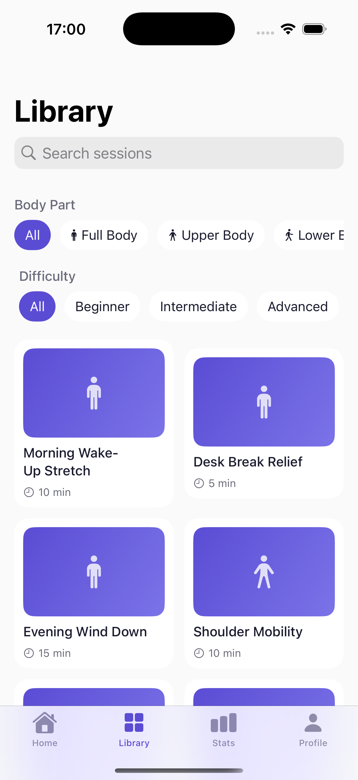 StretchGoGo screen 2: Curated Routine Library