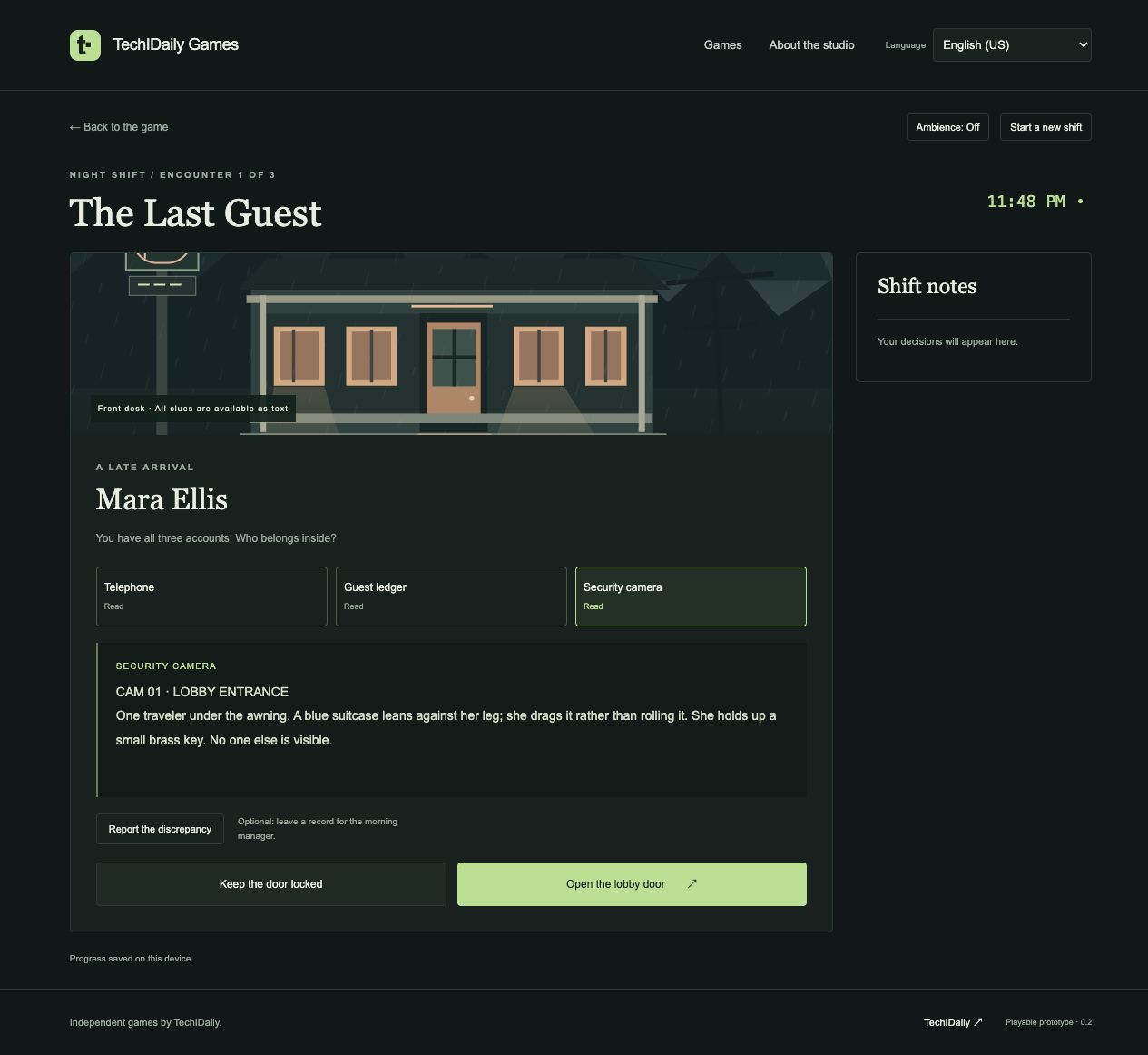 The Last Guest screen 2: Front Desk Ledger & Calls